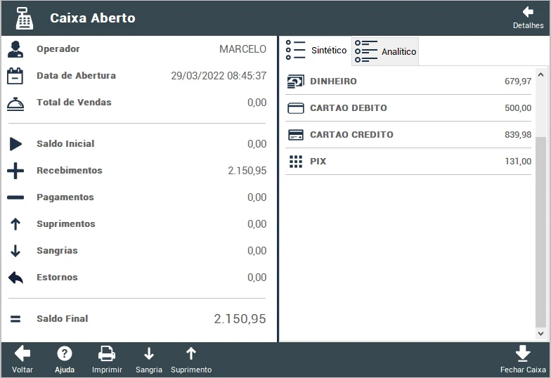 Tela de caixa aberto do OnStore com recebimentos, sangrias, suprimentos e saldo por forma de pagamento